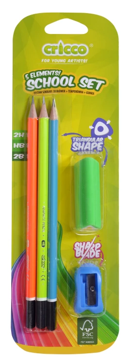OŁÓWKI CRICCO NEONOWE 3 SZT.+ TEMPERÓWKA + GUMKA BLISTER