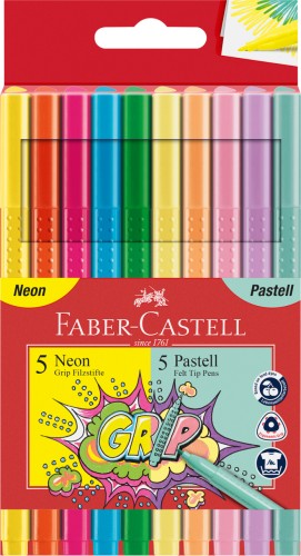 FLAMASTRY GRIP 5 KOL. NEONOWYCH + 5 KOL.PASTELOWYCH W ETUI FABER-CASTELL