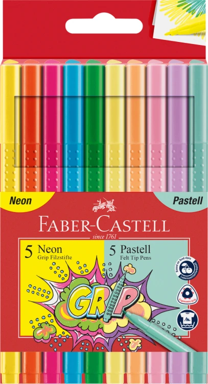 FLAMASTRY GRIP 5 KOL. NEONOWYCH + 5 KOL.PASTELOWYCH W ETUI FABER-CASTELL