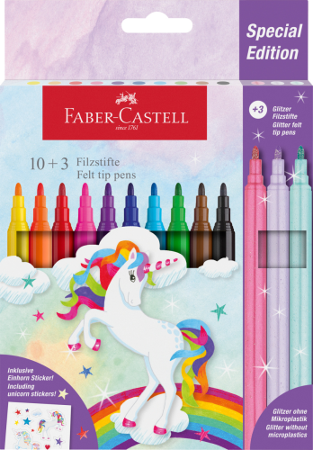 FLAMASTRY ZAMEK EDYCJA JEDNOROŻEC 10 KOL. STANDARDOWYCH + 3 KOL. PASTELOWE + NAKLEJKI FABER-CASTELL