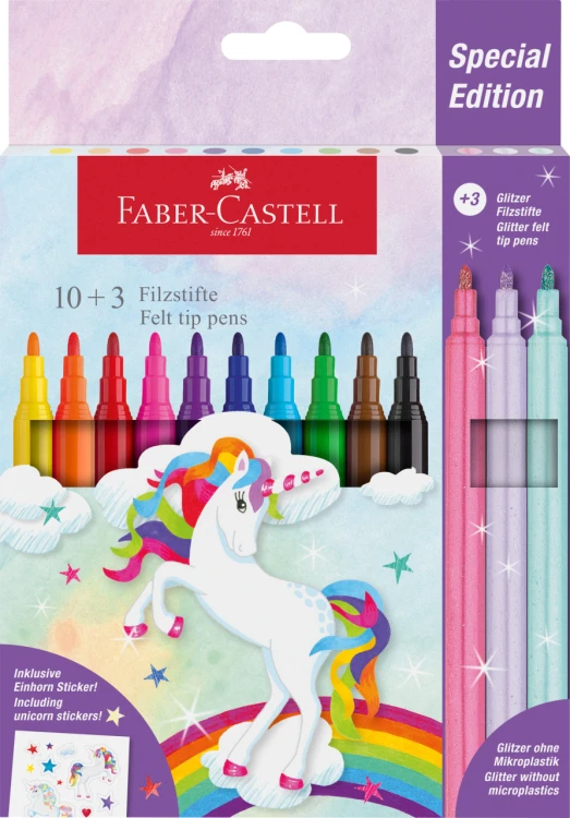 FLAMASTRY ZAMEK EDYCJA JEDNOROŻEC 10 KOL. STANDARDOWYCH + 3 KOL. PASTELOWE + NAKLEJKI FABER-CASTELL