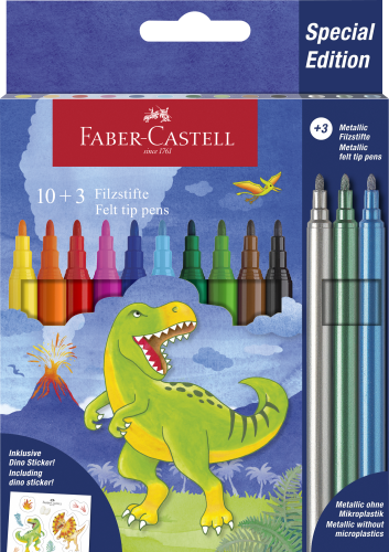 FLAMASTRY ZAMEK EDYCJA DINOZAURY 10 KOL.STANDARDOWYCH + 3 KOL. METALICZNE + NAKLEJKI FABER-CASTELL