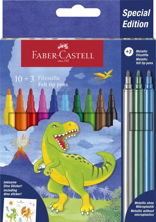 FLAMASTRY ZAMEK EDYCJA DINOZAURY 10 KOL.STANDARDOWYCH + 3 KOL. METALICZNE + NAKLEJKI FABER-CASTELL