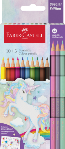 KREDKI SZEŚCIOKĄTNE EDYCJA JEDNOROŻEC 10KOL. STANDARDOWYCH + 3 KOL. PASTELOWE + NAKLEJKI FABER-CASTELL