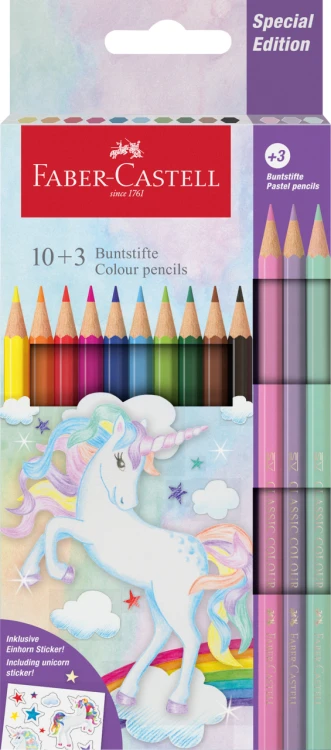 KREDKI SZEŚCIOKĄTNE EDYCJA JEDNOROŻEC 10KOL. STANDARDOWYCH + 3 KOL. PASTELOWE + NAKLEJKI FABER-CASTELL