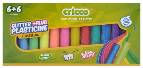 PLASTELINA CRICCO 12 KOLORÓW (6x FLUO+ 6x BROKAT)