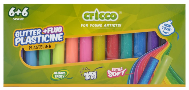PLASTELINA CRICCO 12 KOLORÓW (6x FLUO+ 6x BROKAT)