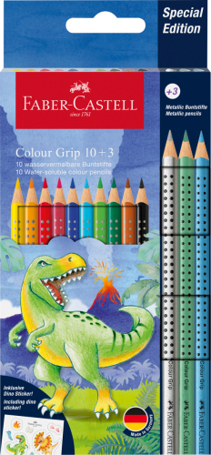 KREDKI GRIP 2001 EDYCJA DINOZAURY 10 KOL STANDARDOWYCH + 3 KOL. METALICZNE  + NAKLEJKI FABER-CASTELL