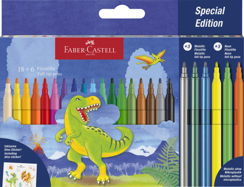 FLAMASTRY ZAMEK EDYCJA DINOZAURY 18 KOL.STANDARDOWYCH + 3 KOL. METALICZNE + 3 KOL. NEONOWE + NAKLEJKI FABER-CASTELL