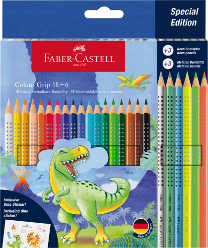 KREDKI GRIP 2001 EDYCJA DINOZAURY 18 KOL. STANDARDOWYCH + 6 KOL. METALICZNYCH + NAKLEJKI FABER-CASTELL