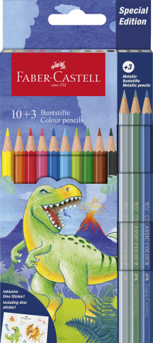 KREDKI SZEŚCIOKĄTNE EDYCJA DINOZAURY 10 KOL. STANDARDOWYCH + 3 KOL. METALICZNE + NAKLEJKI FABER-CASTELL