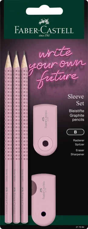 ZESTAW 3 OŁÓWKI GRIP + GUMKA SLEEVE MINI+ TEMPERÓWKA SLEEVE MINI RÓŻOWY BLISTER FABER-CASTELL
