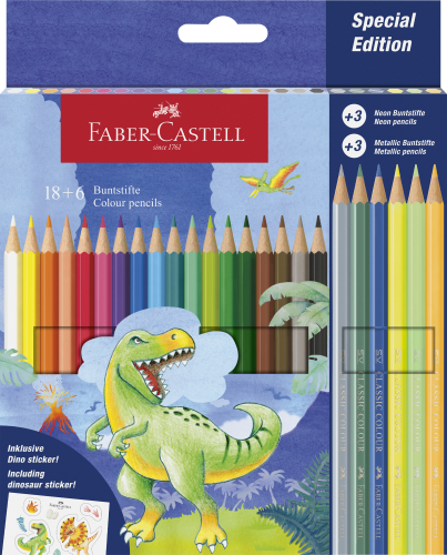 KREDKI SZEŚCIOKĄTNE EDYCJA DINOZAURY 18 KOL. STANDARDOWYCH + 3 KOL. METALICZNE + 3 KOL. NEONOWE + NAKLEJKI FABER-CASTELL