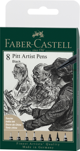 PITT ARTIST PEN BLACK KOŃCÓWKI XXS, S, F, M, B, C, 1.5, FH 8 SZT. ETUI FABER-CASTELL