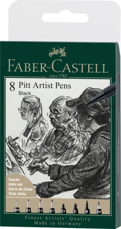 PITT ARTIST PEN BLACK KOŃCÓWKI XXS, S, F, M, B, C, 1.5, FH 8 SZT. ETUI FABER-CASTELL
