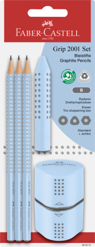 ZESTAW GRIP 2001 BŁĘKITNY (SKY BLUE)(3 X OŁÓWEK+ GUMKA+TEMPERÓWKA) FABER-CASTELL