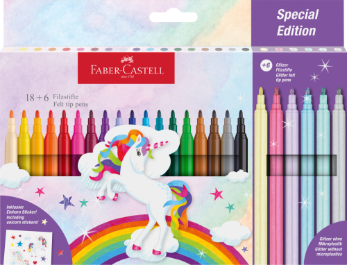 FLAMASTRY ZAMEK EDYCJA JEDNOROŻEC 18 KOLSTANDARDOWYCH + 6 KOL. PASTELOWYCH + NAKLEJKI FABER-CASTELL
