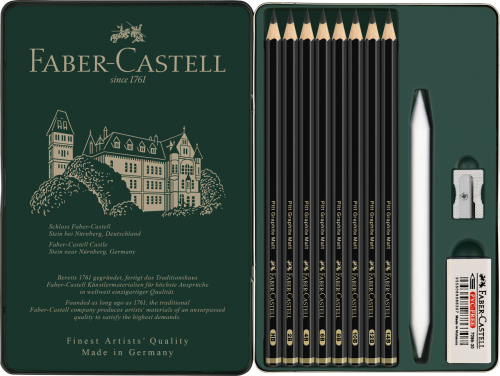 OŁÓWEK ARTYSTYCZNY PITT GRAPHITE MATT 8  SZT. + AKCESORIA OPAKOWANIE METALOWE FABER-CASTELL