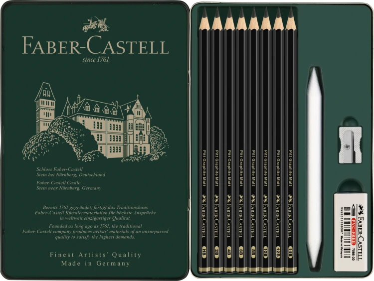 OŁÓWEK ARTYSTYCZNY PITT GRAPHITE MATT 8  SZT. + AKCESORIA OPAKOWANIE METALOWE FABER-CASTELL
