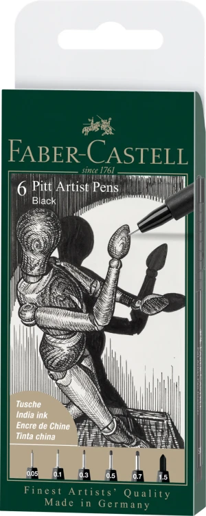 PITT ARTIST PEN BLACK KOŃCÓWKI XXS, XS, S, F, M, 1.5 6 SZT. ETUI FABER-CASTELL