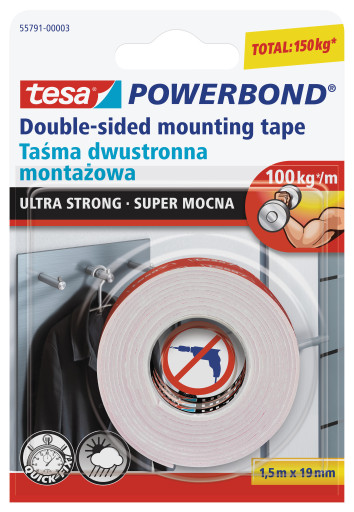 TAŚMA TESA DWUSTRONNA POWERBOND ULTRA STRONG 1,5m x 19mm BIAŁA