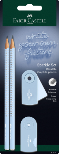 ZESTAW SPARKLE SKY BLUE 2 OŁÓWKI+ TEMPERÓWKA SLEEVE MINI + GUMKA SLEEVE MINI BLISTER FABER-CASTELL