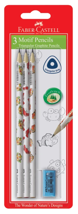 OŁÓWKI TRÓJKĄTNE MORSKI ŚWIAT KPL. 3 SZT+ GUMKA BLISTER FABER CASTELL
