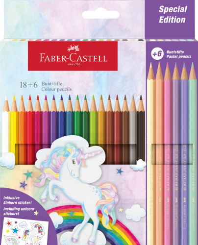 KREDKI SZEŚCIOKĄTNE EDYCJA JEDNOROŻEC 18KOL. STANDARDOWYCH + 6 KOL. PASTELOWYCH + NAKLEJKI FABER-CASTELL