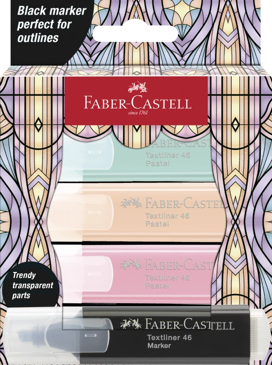 ZAKREŚLACZ EDYCJA GLASSY 4 KOL. PASTELOWE + CZARNY OPAK. KARTONOWE FABER-CASTELL