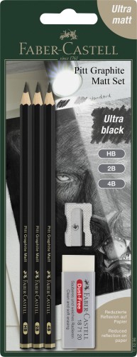 PITT GRAPHITE MATT ZESTAW NA BLISTRZE 3 OŁÓWKI HB, 2B, 4B + GUMKA + TEMPERÓWKA FABER-CASTELL