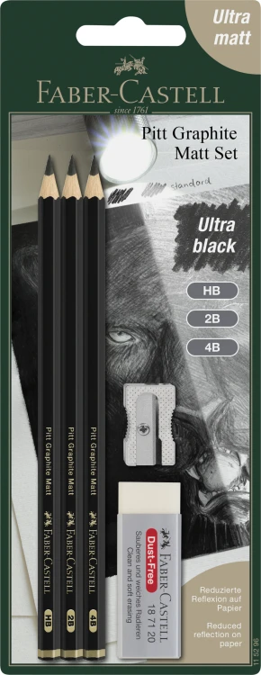 PITT GRAPHITE MATT ZESTAW NA BLISTRZE 3 OŁÓWKI HB, 2B, 4B + GUMKA + TEMPERÓWKA FABER-CASTELL