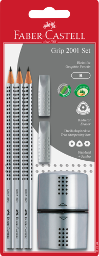 GRIP 2001 SET SREBRNY 3X OŁÓWEK + TEMPERÓWKA + 2 X GUMKA NAKŁADKA BLISTER FABER-CASTELL