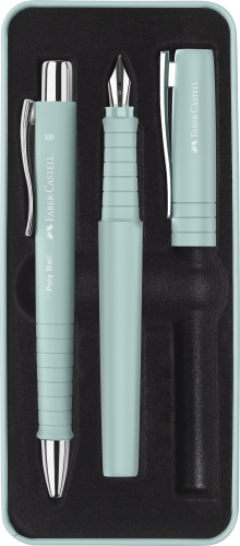 ZESTAW PREZENTOWY POLY PIÓRO WIECZNE B +DŁUGOPIS CARIBIC BLUE OPAKOWANIE METALOWE FABER-CASTELL