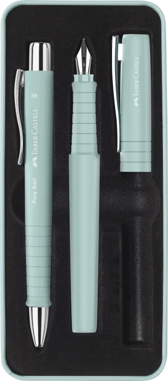 ZESTAW PREZENTOWY POLY PIÓRO WIECZNE B +DŁUGOPIS CARIBIC BLUE OPAKOWANIE METALOWE FABER-CASTELL