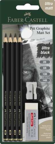 PITT GRAPHITE MATT ZESTAW NA BLISTRZE 4 OŁÓWKI 2B 6B 10B 14B + GUMKA + TEMPERÓWKA FABER-CASTELL
