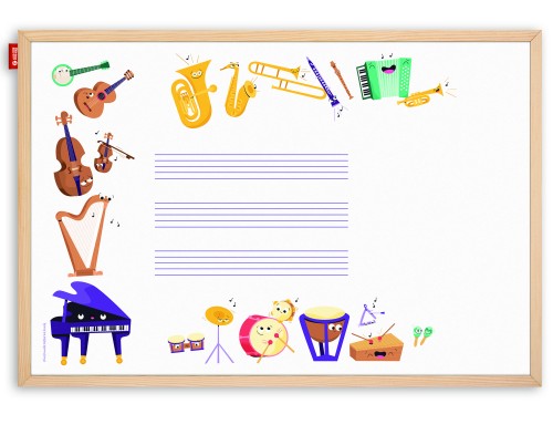 Tablica edukacyjna MemoBe, WHITEBOARDGAME: Music adventure!, nadruk WESOŁE INSTRUMENTY, rama drewniana, 90x60 cm