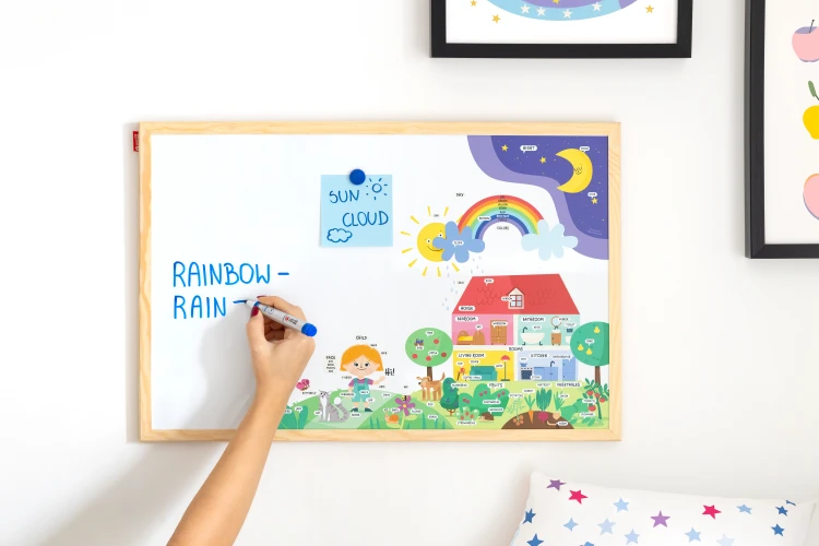 Tablica edukacyjna MemoBe, WHITEBOARDGAME: English adventure!, nadruk NAUKA J. ANGIELSKIEGO, rama drewniana, 90x60 cm