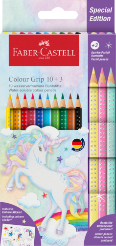 KREDKI GRIP 2001 EDYCJA JEDNOROŻEC 10 KREDEK GRIP + 3 KREDKI SPARKLE PASTELOWE + NAKLEJKI FABER-CASTELL