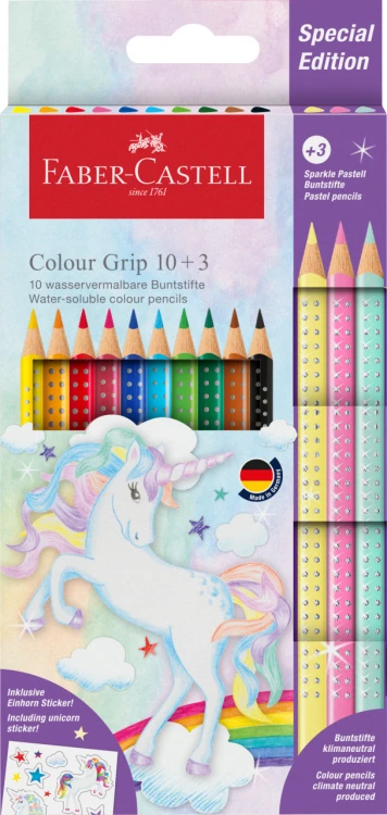 KREDKI GRIP 2001 EDYCJA JEDNOROŻEC 10 KREDEK GRIP + 3 KREDKI SPARKLE PASTELOWE + NAKLEJKI FABER-CASTELL