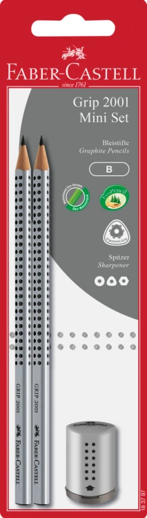 ZESTAW 2 OŁÓWKÓW GRIP+TEMPERÓWKA GRIP 2001 MINI SREBRNA BLISTER FABER-CASTELL