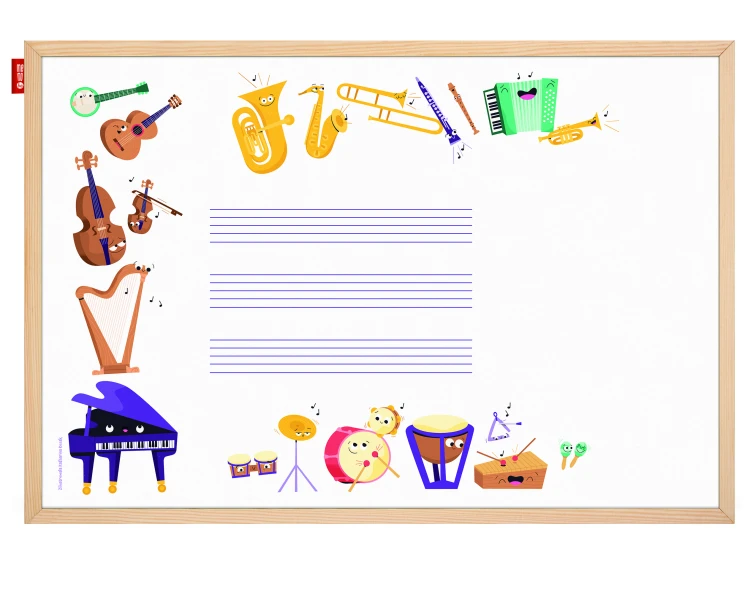 Tablica edukacyjna MemoBe, WHITEBOARDGAME: Music adventure!, nadruk WESOŁE INSTRUMENTY, rama drewniana, 60x40 cm