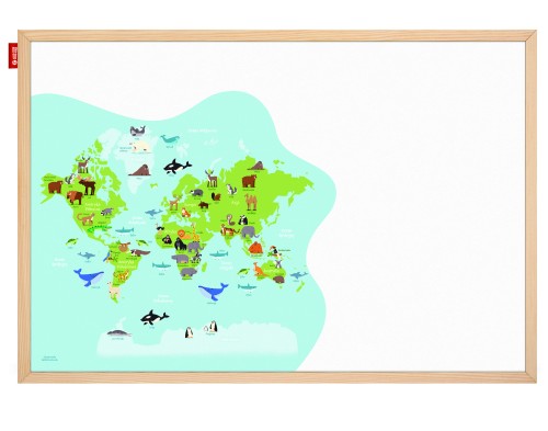 Tablica edukacyjna MemoBe, WHITEBOARDGAME: Animal adventure!, nadruk MAPA ŚWIATA ZE ZWIERZĘTAMI, wersja PL, rama drewnia