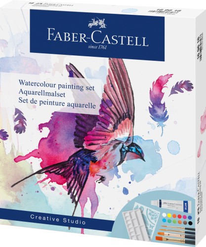 ZESTAW DO MALOWANIA AKWARELAMII: 12 KOL.FARB  + 4 PĘDZELKI + SZABLON + PALETKA FABER-CASTELL