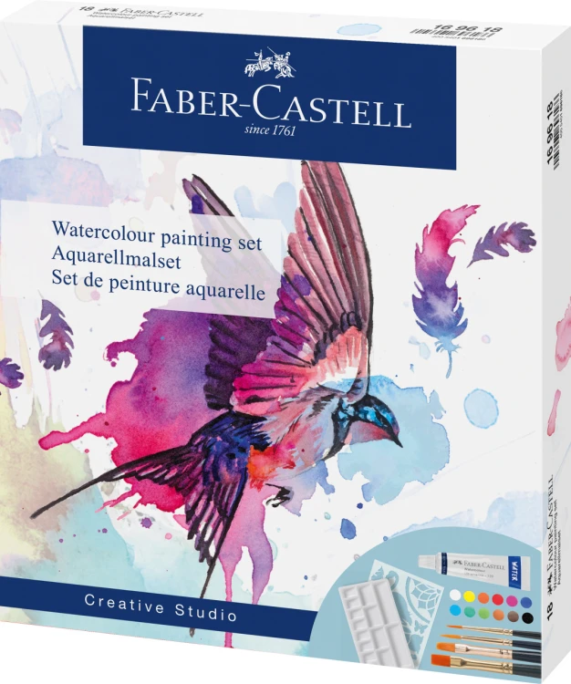 ZESTAW DO MALOWANIA AKWARELAMII: 12 KOL.FARB  + 4 PĘDZELKI + SZABLON + PALETKA FABER-CASTELL