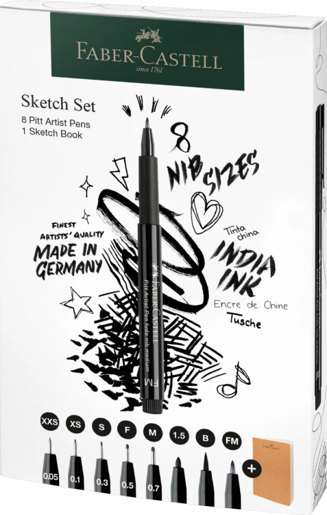 ZESTAW PITT ARTIST PEN BLACK KOŃCÓWKI XXS, XS, S, F, M, B, 1.5, FM 8 SZT. + SZKICOWNIK FABER-CASTELL