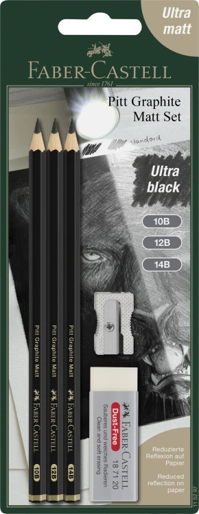 PITT GRAPHITE MATT ZESTAW NA BLISTRZE 3 OŁÓWKI 10B, 12B, 14B + GUMKA + TEMPERÓWKA FABER-CASTELL