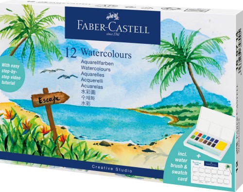 FARBY AKWARELOWE CS W KOSTKACH 12 KOL. + PĘDZELEK PLASTIKOWE OPAKOWANIE FABER-CASTELL