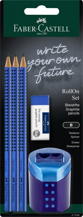 ZESTAW 3 OŁÓWKI GRIP + GUMKA DUST FREE+ TEMPERÓWKA ROLLOn BLISTER NIEBIESKI FABER-CASTELL