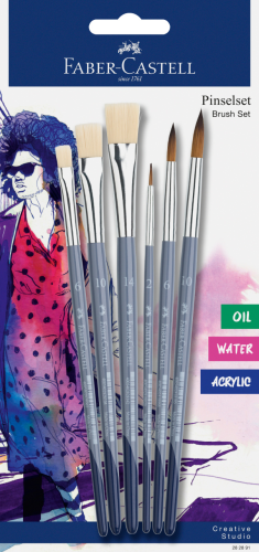 PĘDZELKI KREATYWNE STUDIO 6 szt.(3x OKRĄ GŁY, 3xPŁASKI) BLISTER FABER-CASTELL