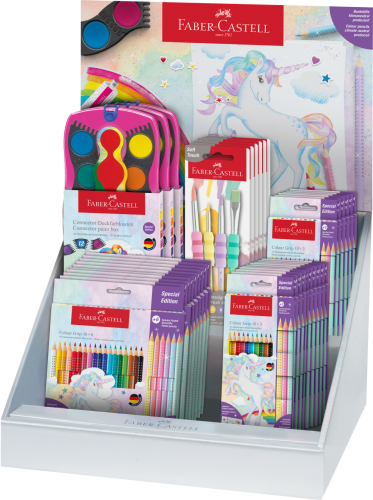 DISPLAY GRIP EDYCJA JEDNOROŻEC  (15 X KREDKI GRIP 10+3, 10 X KREDKI GRIP 18+6, 5 X PĘDZELKI, 3 X FARBY)FABER-CASTELL